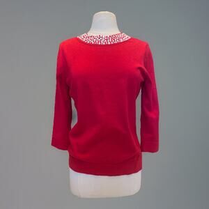 Beautiful Calvin Klein Size XL Red Pearl Neck 3/4 Sleeve Flat Knit Sweater